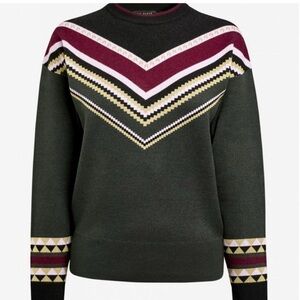 Ted Baker Olive Green Chevron-Detail Crew Sweater with Burgundy Accents